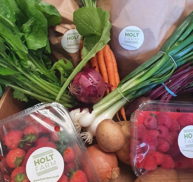 A colourful range of fruit and vehetables, some wrapped and some loose, including strawberries, raspberries, and spring onions