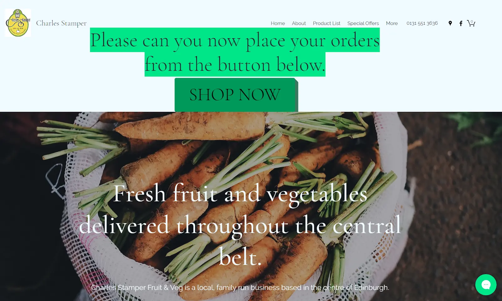 A screenshot of the Charles Stamper website, where customers can place orders. A picture of carrots is on the homepage with a large SHOP NOW Button